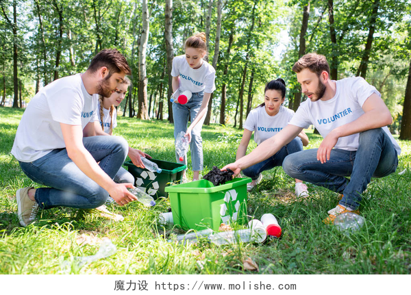 几位年轻人在草坪上回收垃圾青年志愿者与绿色回收箱清洁公园一起